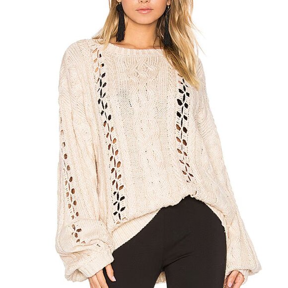 FOR LOVE & LEMONS KNITZ Wythe Bell Sleeve Sweater L Oversized Loose Weave Cream - Picture 1 of 14